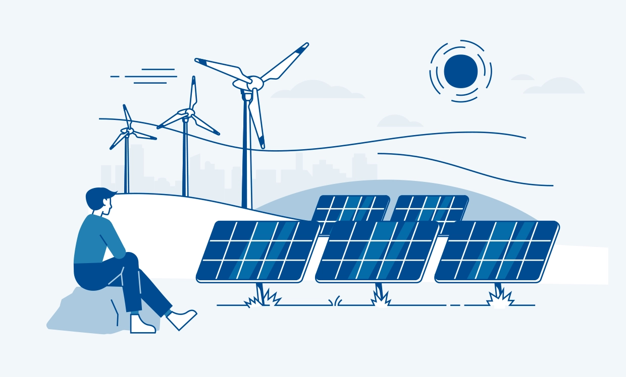 Die blau-weiße Illustration zeigt stilisiert einen Menschen, eine PV:Anlage, Windräder, Sonne und eine Stadt im Hintergrund.